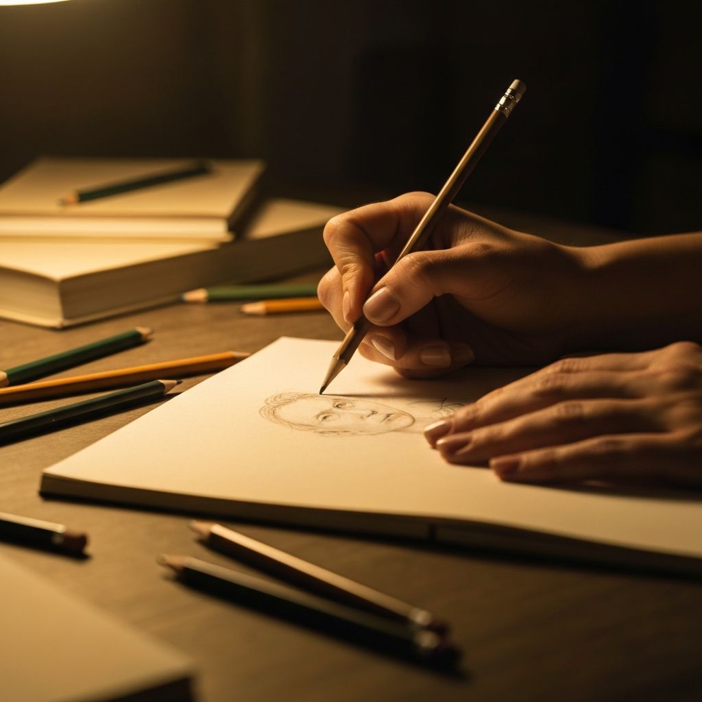 Artist workspace with pencils and sketchbooks